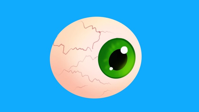 蓝色屏幕上绿色瞳孔旋转的卡通3D眼球。