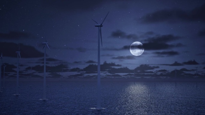 海上风力涡轮机在满月- 4K分辨率