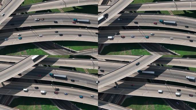 无人机对多个立交桥上交通的十字路口的俯视视图。