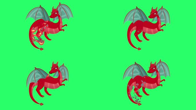 动画红色可爱的龙在绿色背景。