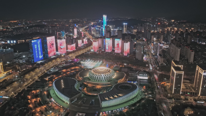 济南奥体中心中央商务区夜景灯光秀航拍4K