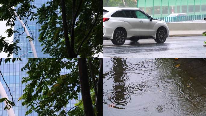 城市马路道路下雨天下暴雨雨水街景街道街头