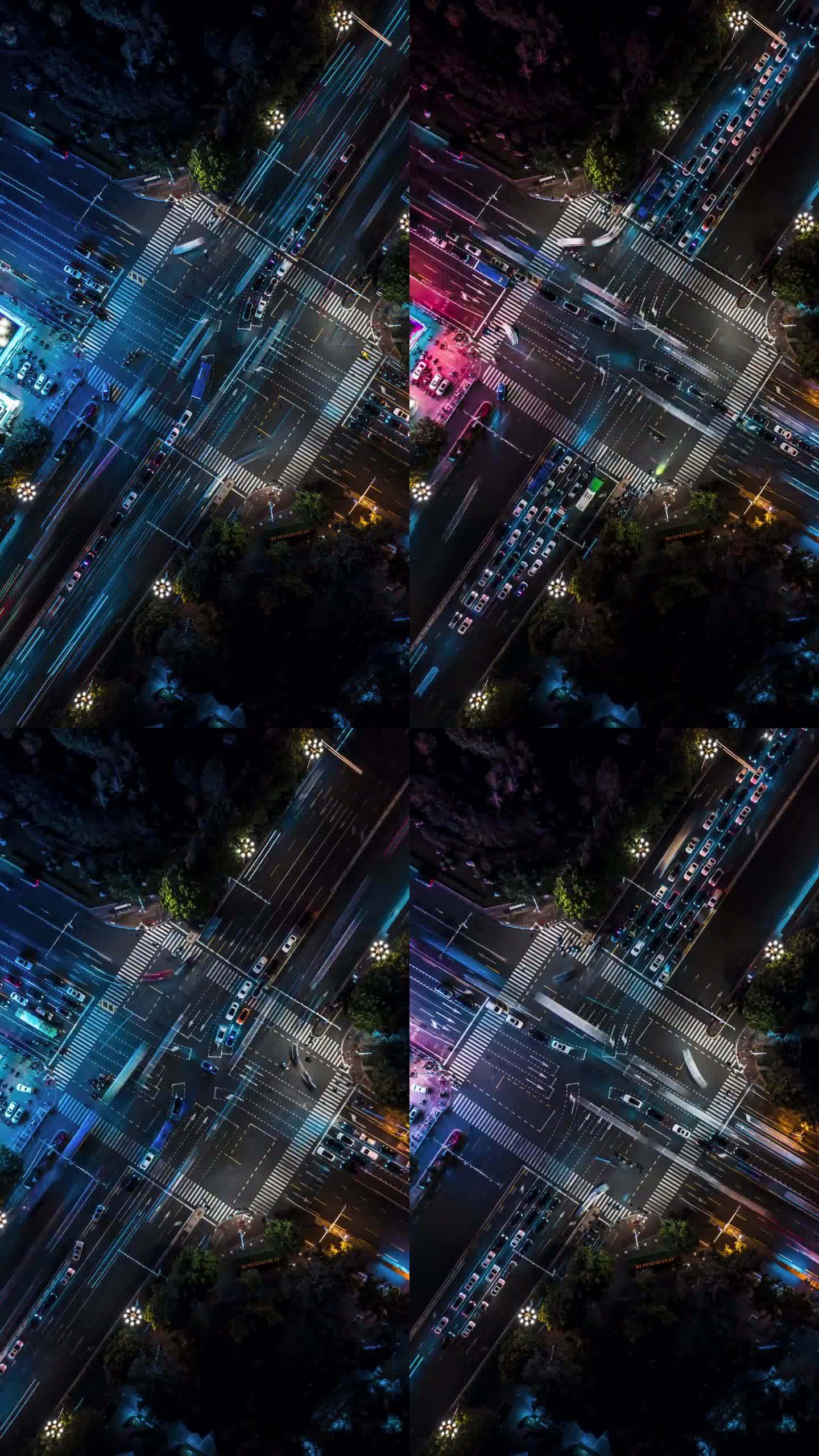 T/L PAN无人机夜间十字路口和城市交通视角