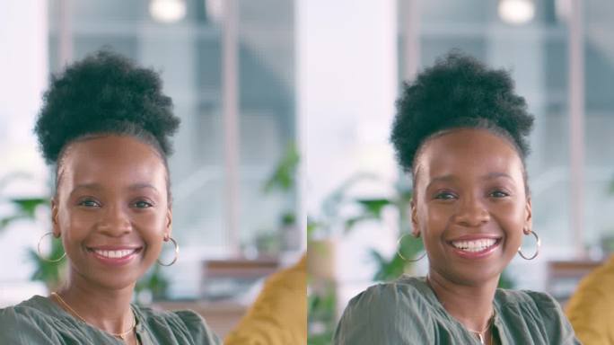 黑人女性，在办公室里谈笑风生，自信满满，为计划或营销做好准备。企业家，肖像或人的快乐，骄傲或积极的心