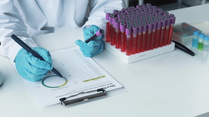 实验室助理，医学科学家，化学研究员拿着一根玻璃管穿过血液样本，做化学实验，检查病人的血液样本。医学和