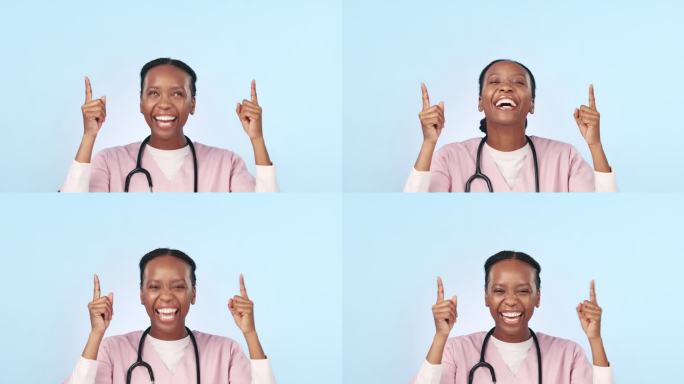 快乐的黑人女性，医生，在广告或营销领域昂首挺胸，背景是工作室。非洲女性或护士的肖像微笑，并显示通知，