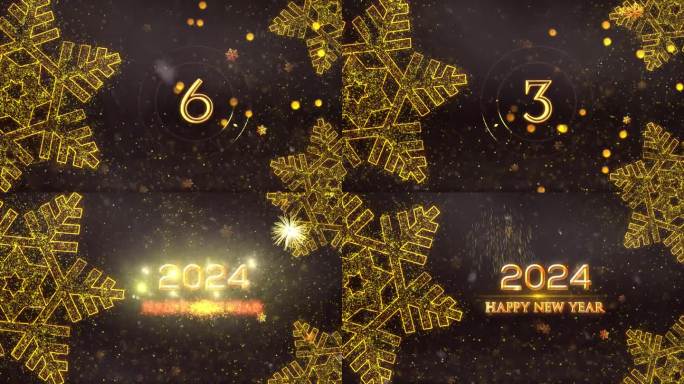2024新年快乐雪花倒数金色龙年过年