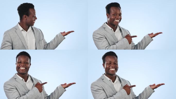 快乐的黑人，手掌和指向广告或营销在蓝色的工作室背景。非洲商人微笑的肖像，展示产品，促销交易或实物空间