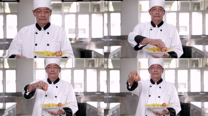 亚洲中年厨师拿着优质食材走向镜头，由专业厨师长呈现的优质卫生餐厅，肖像厨师讲师拿着鸡蛋和意大利面