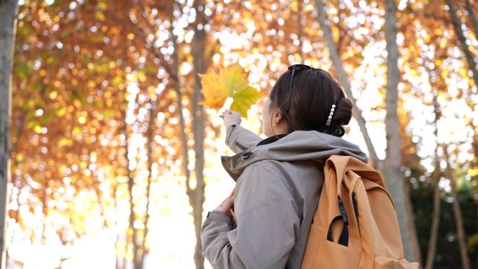 年轻女子拿着一片秋天的黄叶