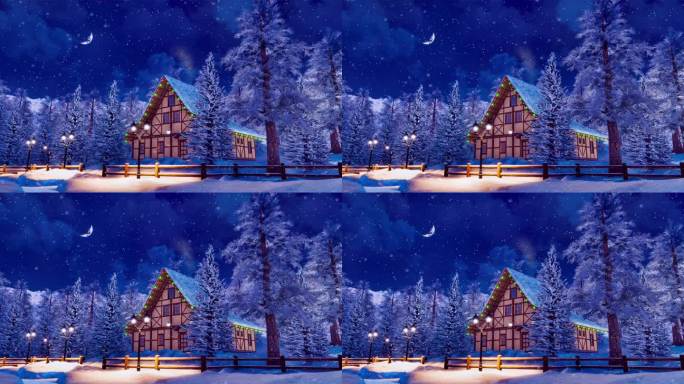 在下雪的冬夜为圣诞节装饰的山间小屋