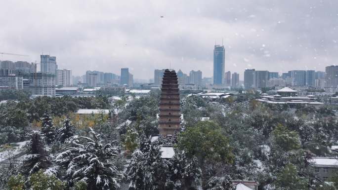 航拍西安小雁塔雪景下雪