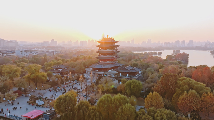 大明湖超然楼游船秋天冬天风景航拍4K