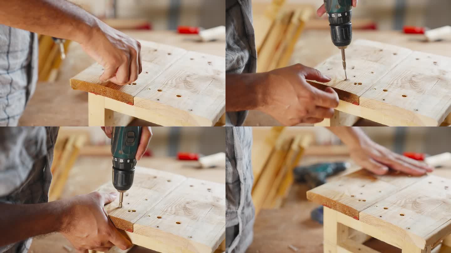 木匠用电钻钻洞。用金属钻头在橡木板上打洞做小椅子