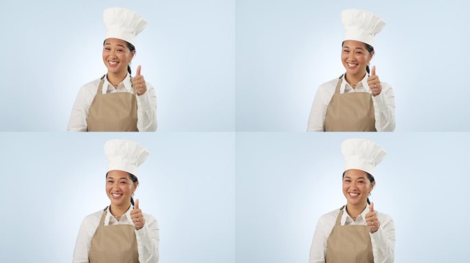 女人，厨师，对咖啡店老板的成功竖起大拇指，准备在工作室做饭。女性，餐厅工作人员和面包师，蓝色背景的表