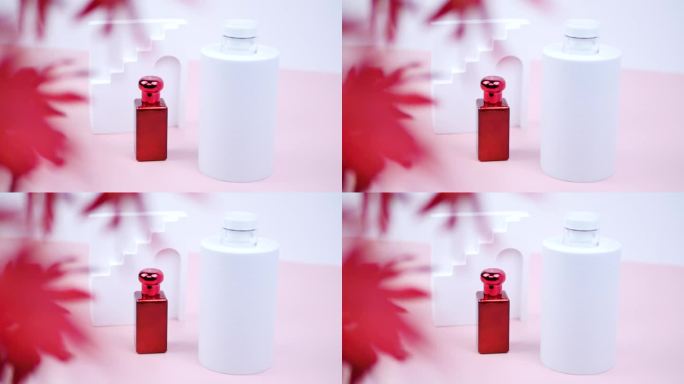 产品拍摄视频。红色玻璃瓶，白色背景与叶影，复制空间。