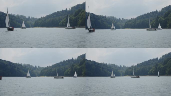 暑假在湖边。水上的帆船