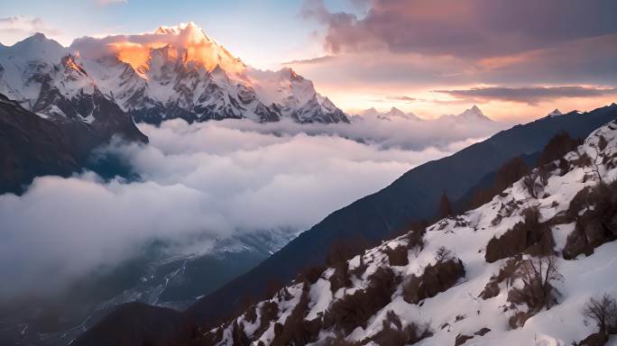 航拍雪山日落云海云层俯瞰大地大气震撼流云