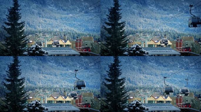 滑雪缆车和小镇在山上
