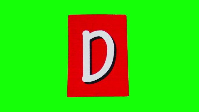 红色矩形上的大字母D定格动画，纸张在绿色屏幕上循环皱褶