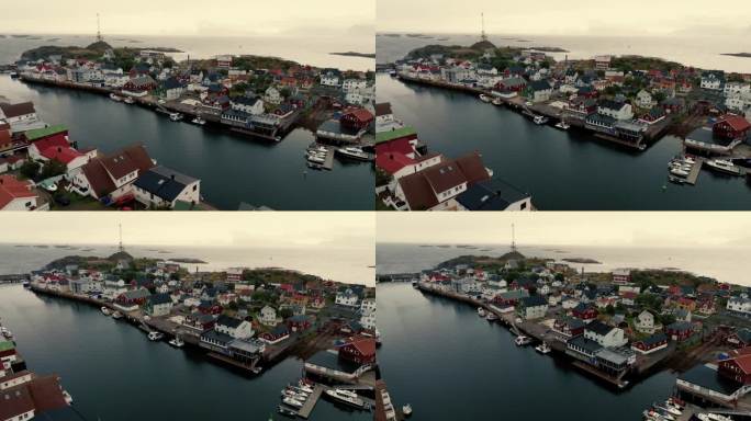 罗浮敦群岛渔村和海湾鸟瞰图。