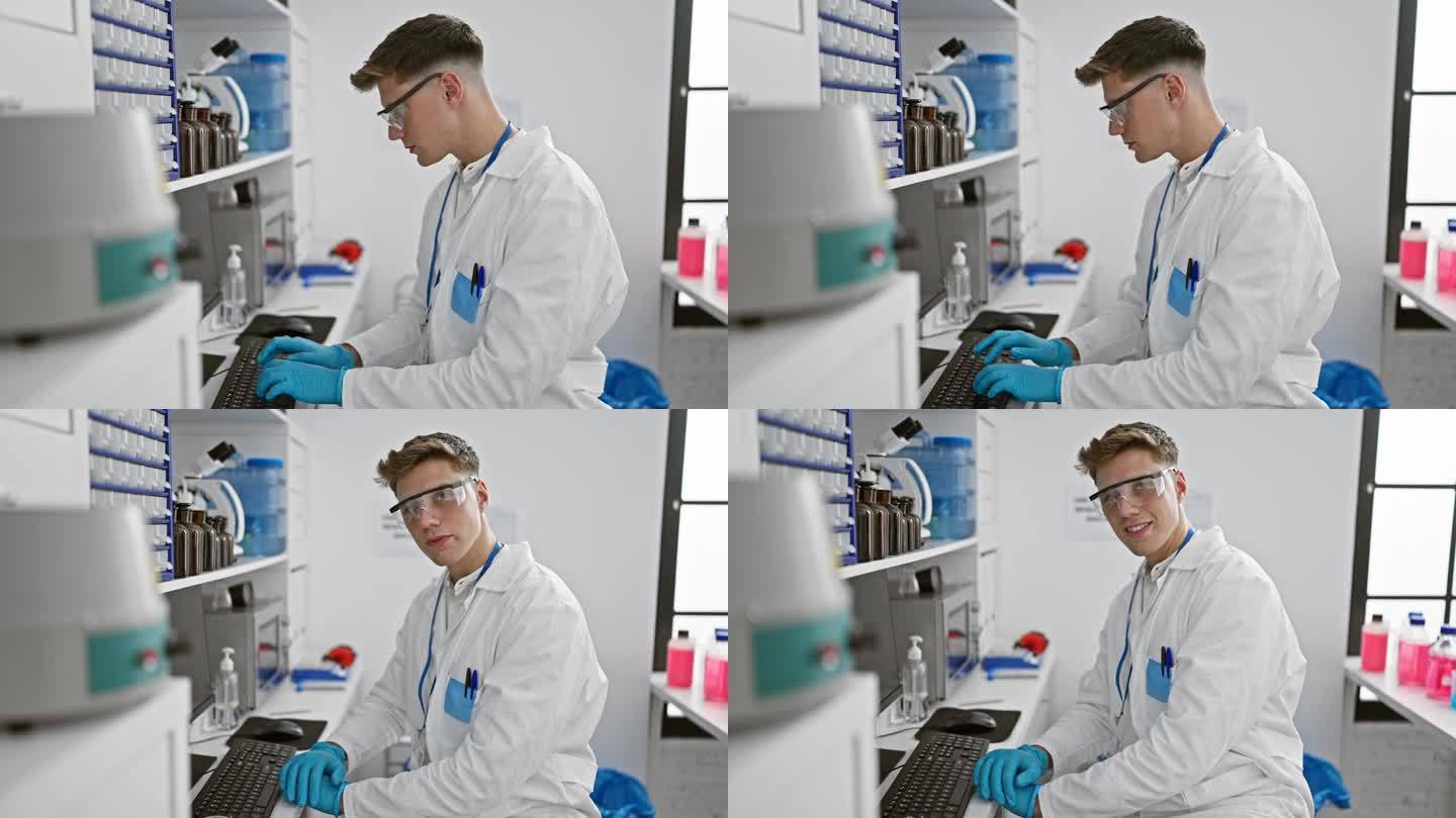 在熙熙攘攘的高科技实验室里，一个英俊、自信的年轻白人，一个面带微笑的科学家，在他的电脑上投入到医学研