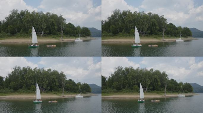 暑假在湖边。帆船和独木舟在海边的水面上航行