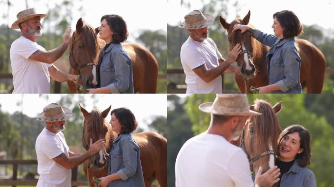 父亲和女儿在牧场照顾马