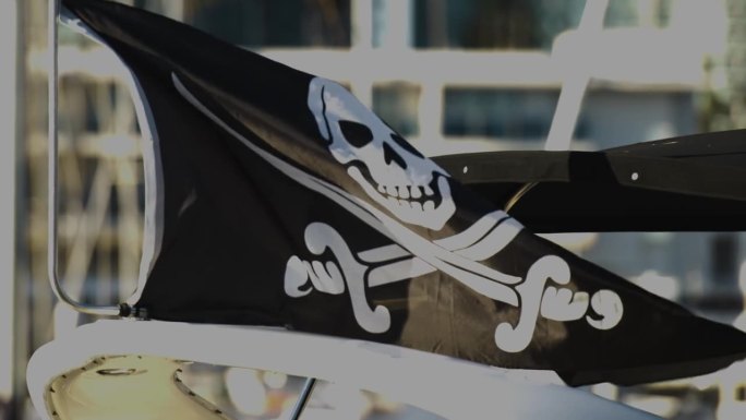 黑色海盗旗，骷髅和交叉的剑飘扬。