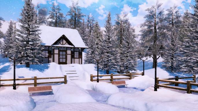 舒适的半木制山间小屋在下雪的冬日