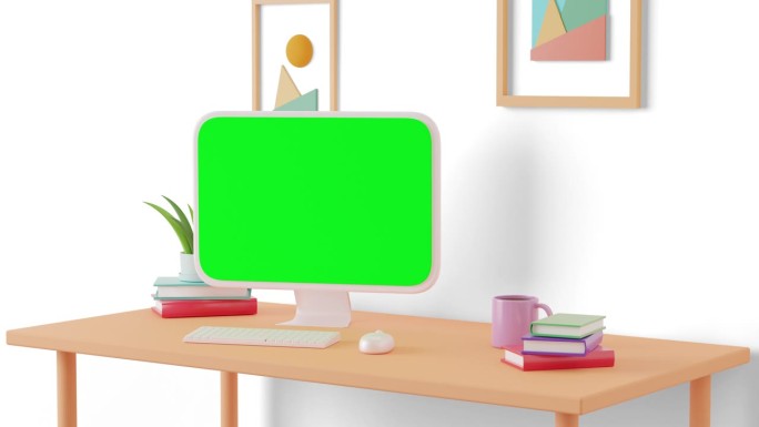 三维动画卡通绿色屏幕上的电脑桌面屏幕上的木桌子上的咖啡杯和书。