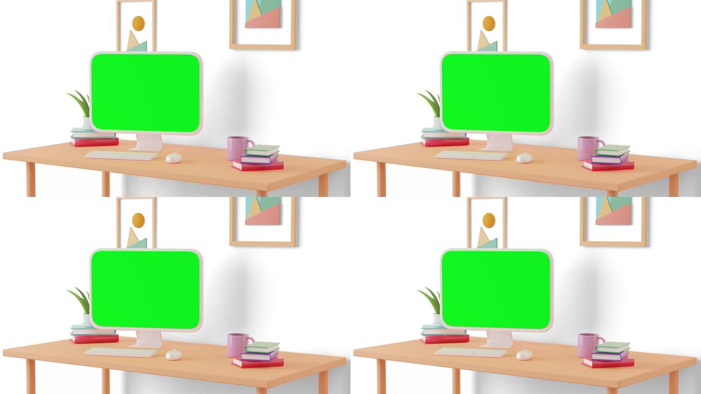 三维动画卡通绿色屏幕上的电脑桌面屏幕上的木桌子上的咖啡杯和书。