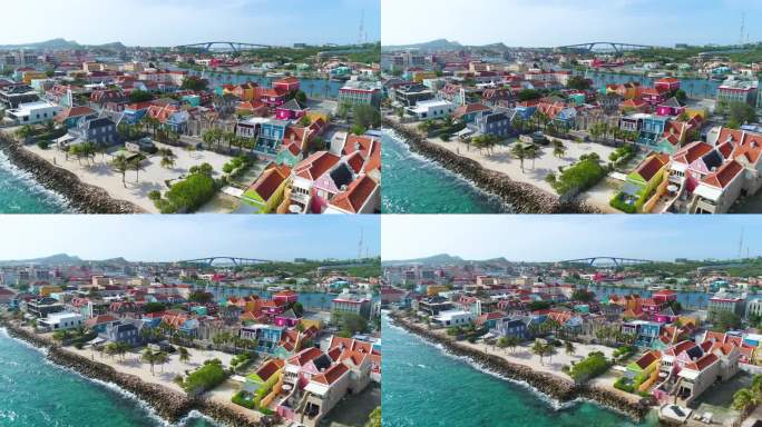 库拉索岛Punda Willemstad Curacao沿着清澈的加勒比海沿海水域，充满活力的红黄蓝