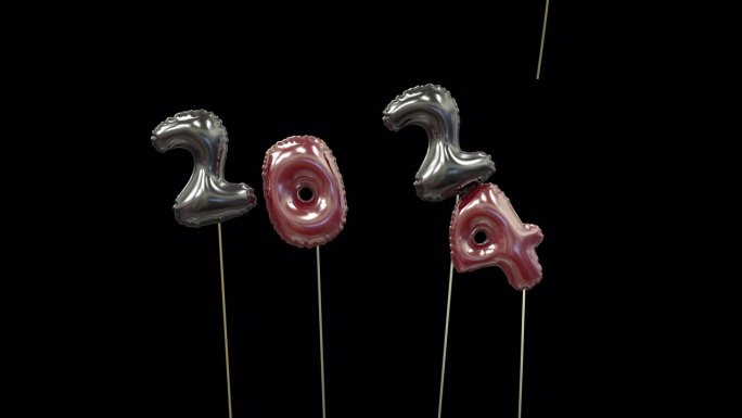 彩色的新年气球写着2023,3个飞走了，4个漂浮起来形成2024