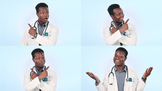快乐的黑人，医生，在广告或营销方面的指手画脚。非洲男性的肖像，医疗保健或医疗专业显示选项或选择的模型