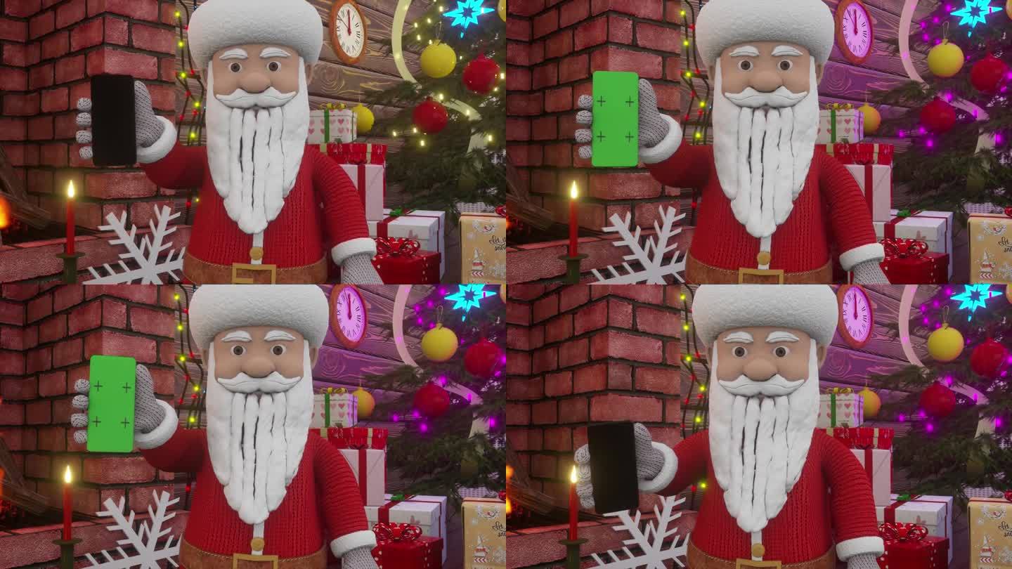 圣诞老人站在圣诞树旁装饰精美的圣诞房间里，展示着绿色屏幕的智能手机。圣诞快乐，新年快乐动画。