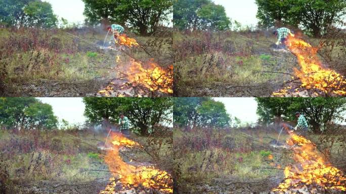 农民清理了他的土地，用火烧掉了干树枝。慢动作