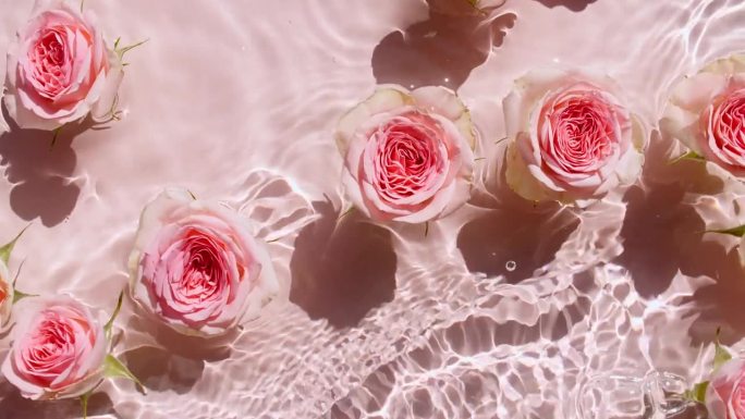 粉红色的玫瑰花在水面和波浪在粉红色的背景。太阳和阴影。水飞溅。纯净的粉红色的水反射阳光和阴影在慢动作