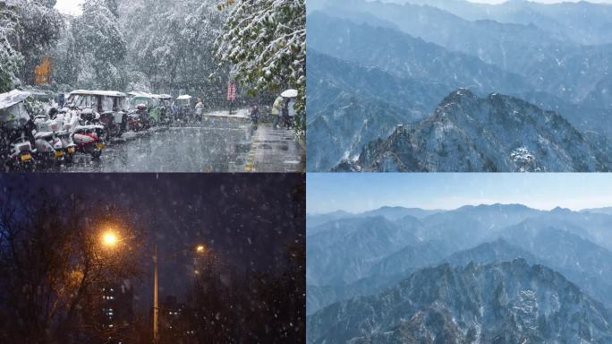 夜晚雪景下雪雪景立冬小雪大雪冬至雪花飘落