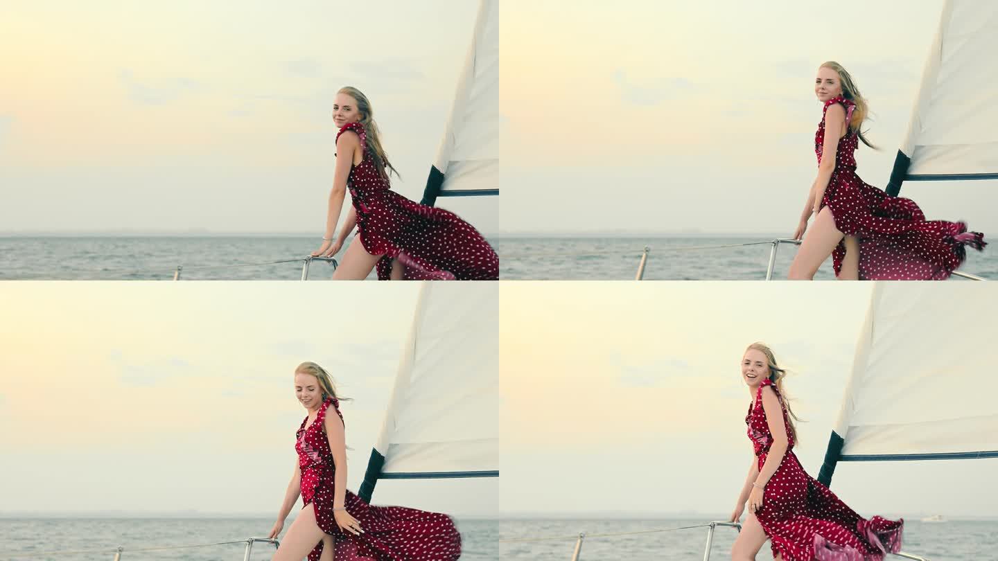 一个年轻女子在游艇上穿着性感的裙子，让人眼前一亮。复制粘贴位置
