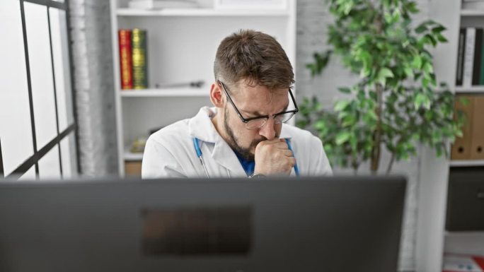 年轻英俊的西班牙裔医生，坐在他的诊所里，通过电脑在线诊断，而感觉不舒服，咳嗽，与流感作斗争。室内肖像