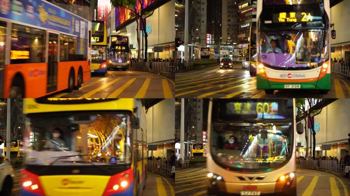 香港街道繁忙交通夜晚道路车流巴士汽车行驶