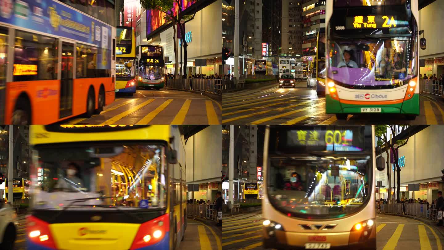 香港街道繁忙交通夜晚道路车流巴士汽车行驶