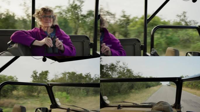 一个成熟的女人在野生动物保护区和护林员一起享受开车的乐趣