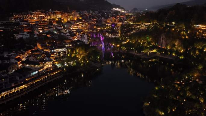 湖南湘西芙蓉古镇吊脚楼瀑布夜景灯光旅游