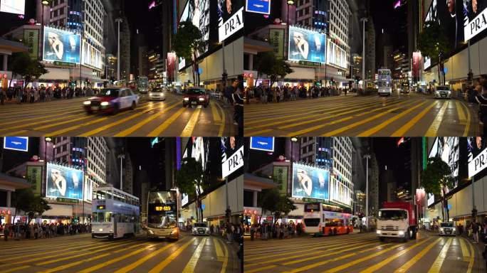 香港街道繁忙交通夜晚道路车流巴士汽车行驶