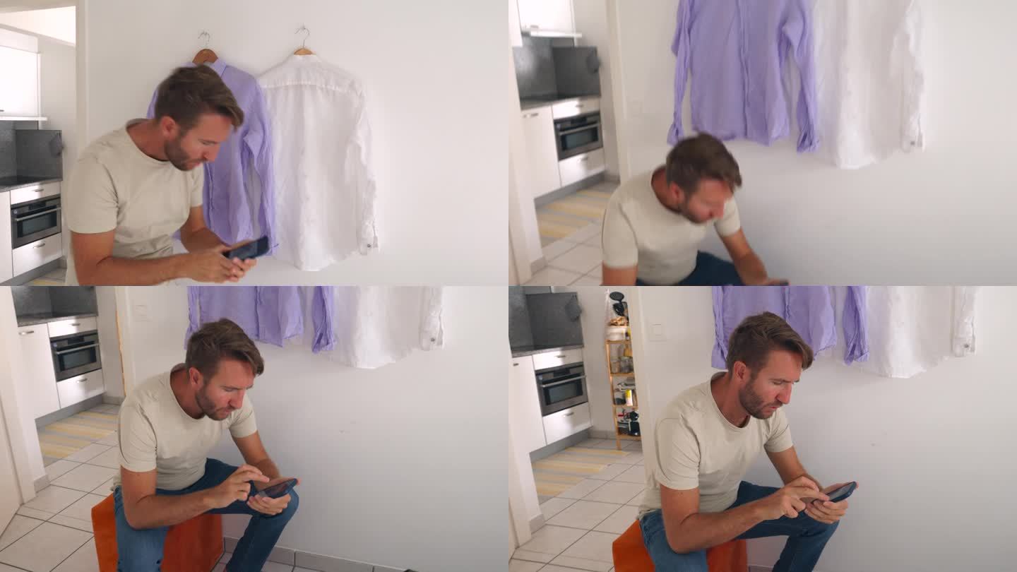 一个人在给旧衣服拍照，他在网上卖他的衣服