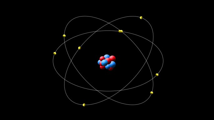 电子绕原子核轨道运行的原子结构动画。白色背景的卢瑟福原子粒子模拟模型