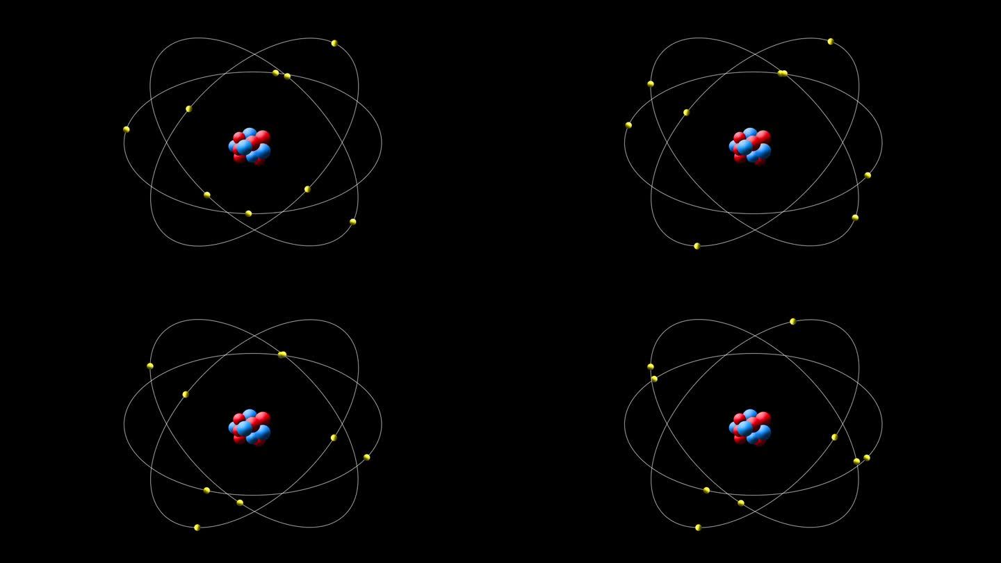电子绕原子核轨道运行的原子结构动画。白色背景的卢瑟福原子粒子模拟模型
