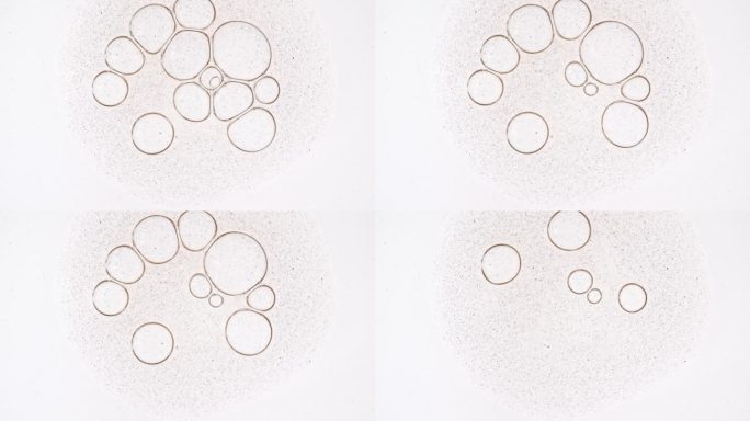 气泡团透明，细胞在显微镜下在白色背景上破裂。凝胶质地带有气泡，是护肤产品。天然有机化妆品、药品微距拍